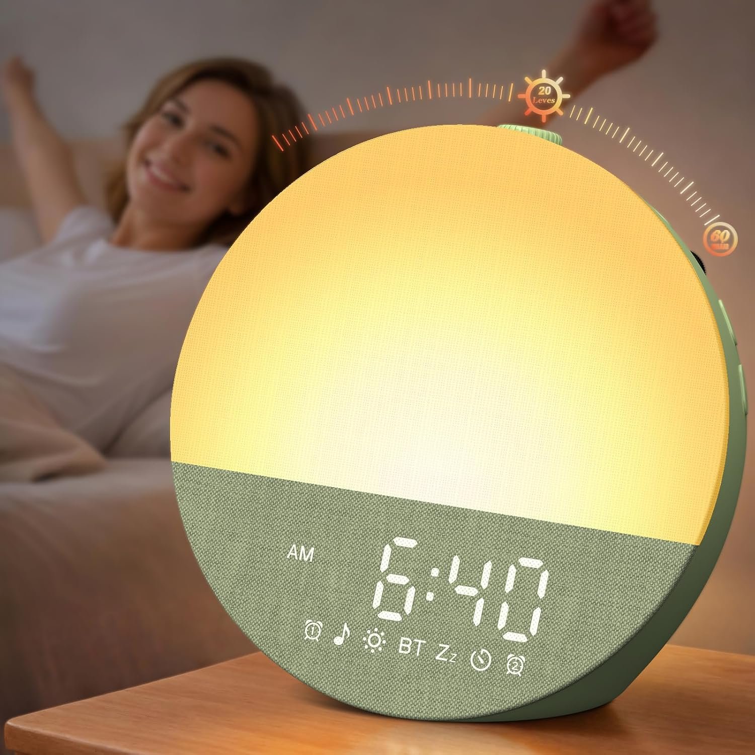 Natural Wake-Up Sunrise Alarm Clock: 10-60 Min Gradual Sunrise Simulate with 20-Level Brightness for Dark Morning Bedroom – Dual Alarm White Noise Machine with 30 Soothing Sounds