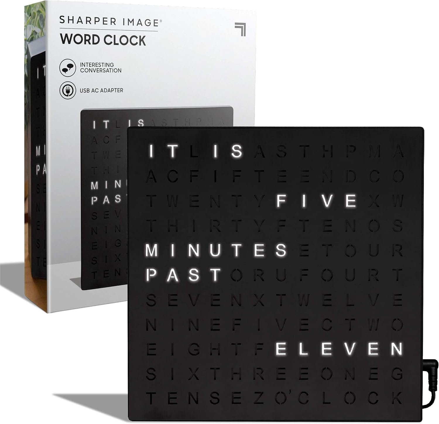 Sharper Image LED Word Digital Clock, 7.75″, Black Finish, Light-Up Desk & Wall Clock, Modern Time Display, Shelf or Wall Decor for Home Office, Living Room, Kitchen & Bedroom, Housewarming Gift