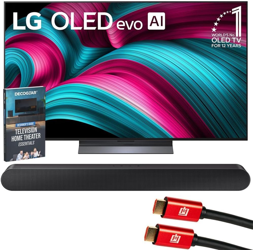 LG 55 Inch C5 Series OLED evo 4K UHD Smart webOS TV (2025) OLED55C5PUA Bundle with Samsung 3.0ch All-in-One Soundbar, 2X HDMI Cable and Deco Gear Home Theater Beginner’s Guide