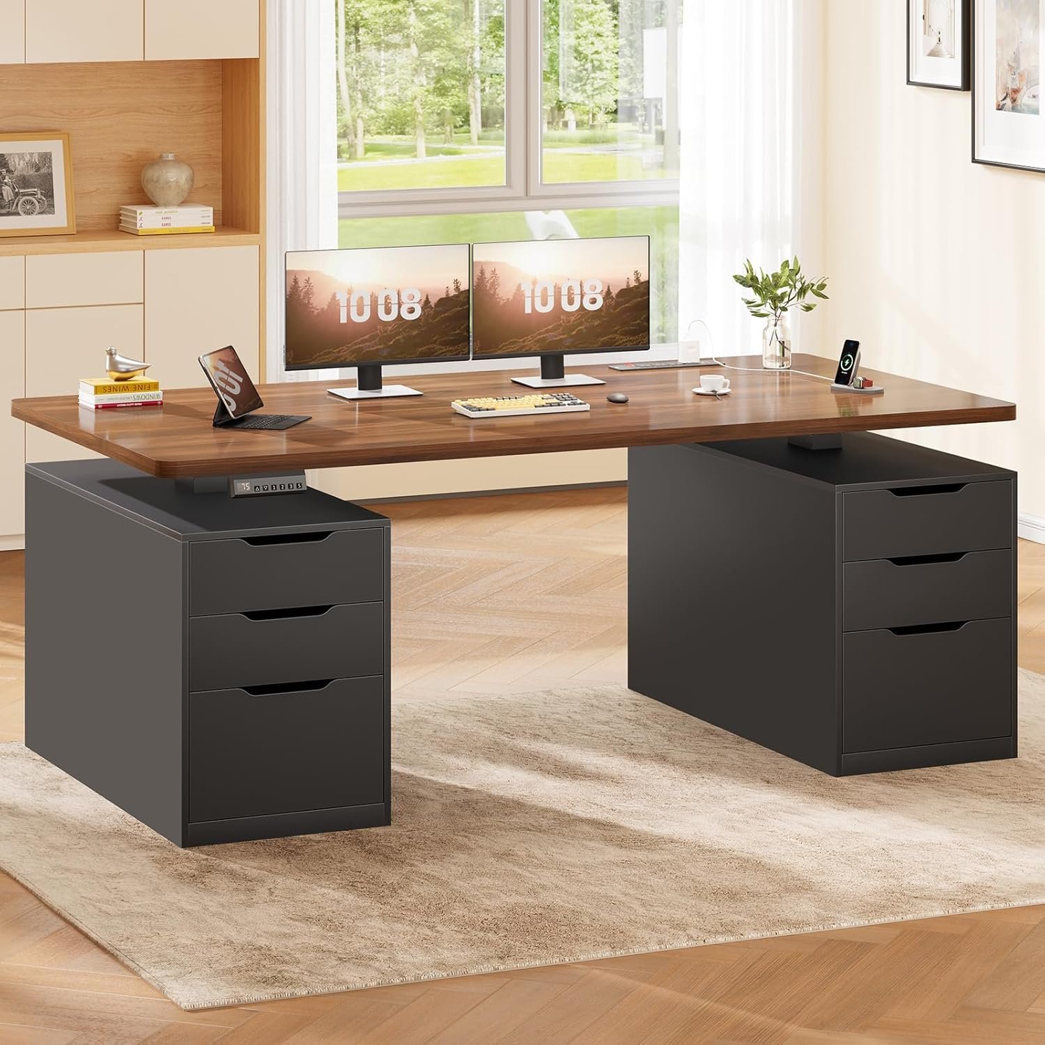 SEDETA Electric Standing Desk with 6 Drawers, 55″ Adjustable Stand up Desk with Storage, Computer Desks with Power Outlets for Home Office, Black