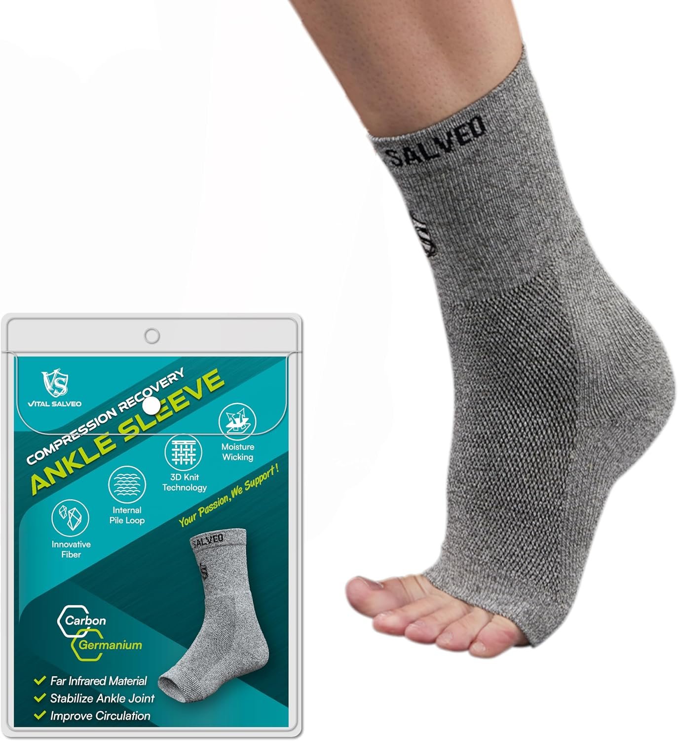 VS VITAL SALVEO VitalSalveo Germanium Ankle Compression Sleeve, Ankle Sock for Men and Women to Support Plantar Fasciitis,Sprained Ankle, Achilles Tendonitis, Swelling, Pain Relief (1PC)